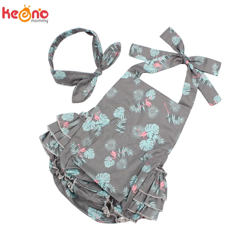 Flamingo Print Baby Girls Cotton Rompers and Headband 2pcs Sunsuit Kids Ruffles Jumpsuit Children Summer Beach Clothing (12)