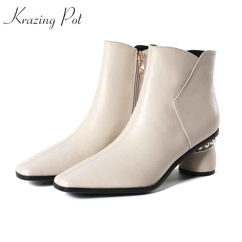 

Krazing Pot genuine leather pearl-studded heels square toe art design size 43 42 41 luxury British preppy style ankle boots L57