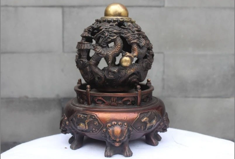 

Chinese Royal feng shui Red bronze nine Dragon Rotation Luck ball Statue a 0518