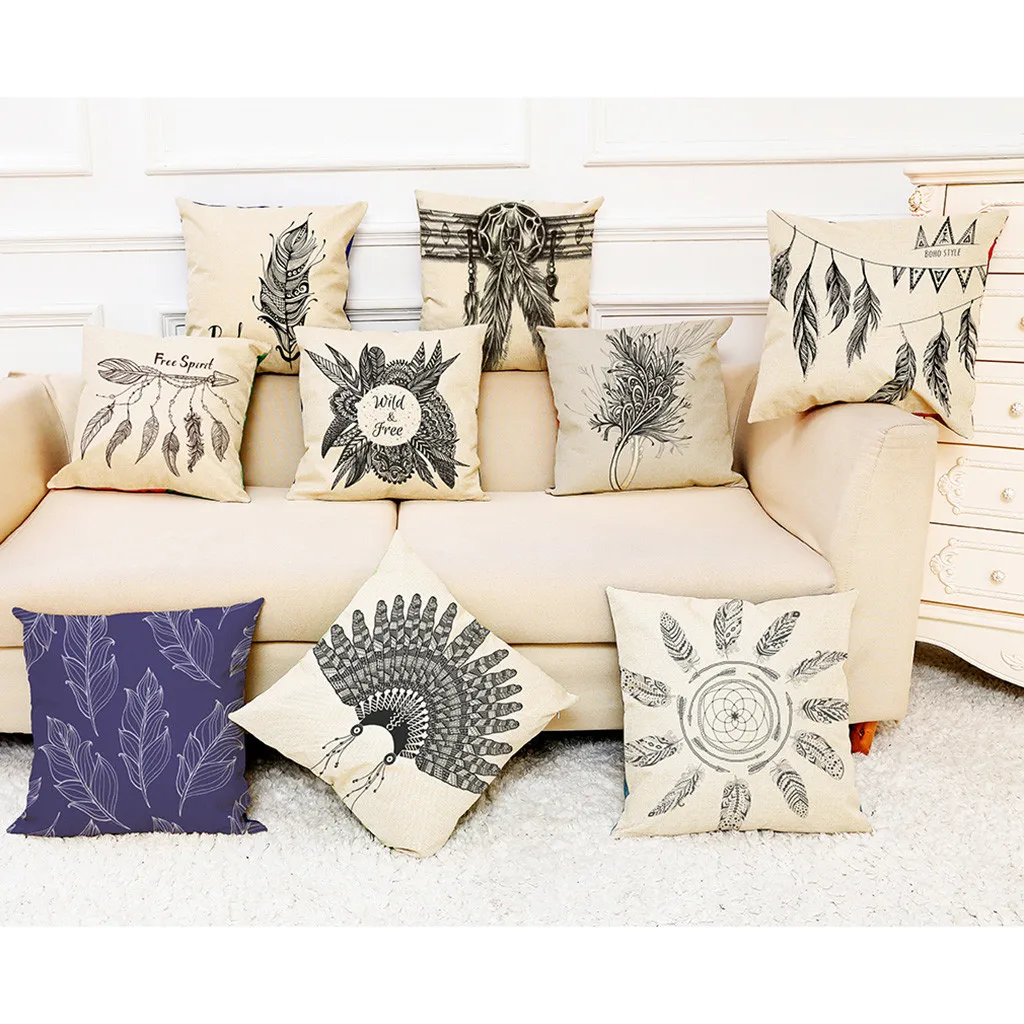 

Feather Print Bohemian style Cushion Covers 45*45cm Linen Cotton Throw Pillow Sofa Home Decorative Pillowcase Pillows cover