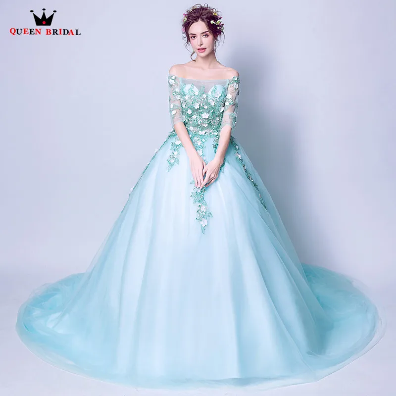 

Sky Blue Luxury Evening Dresses 2019 Fashion Ball Gown Tulle Lace Flowers Appliques Party Gowns Dress Evening Gown CS94
