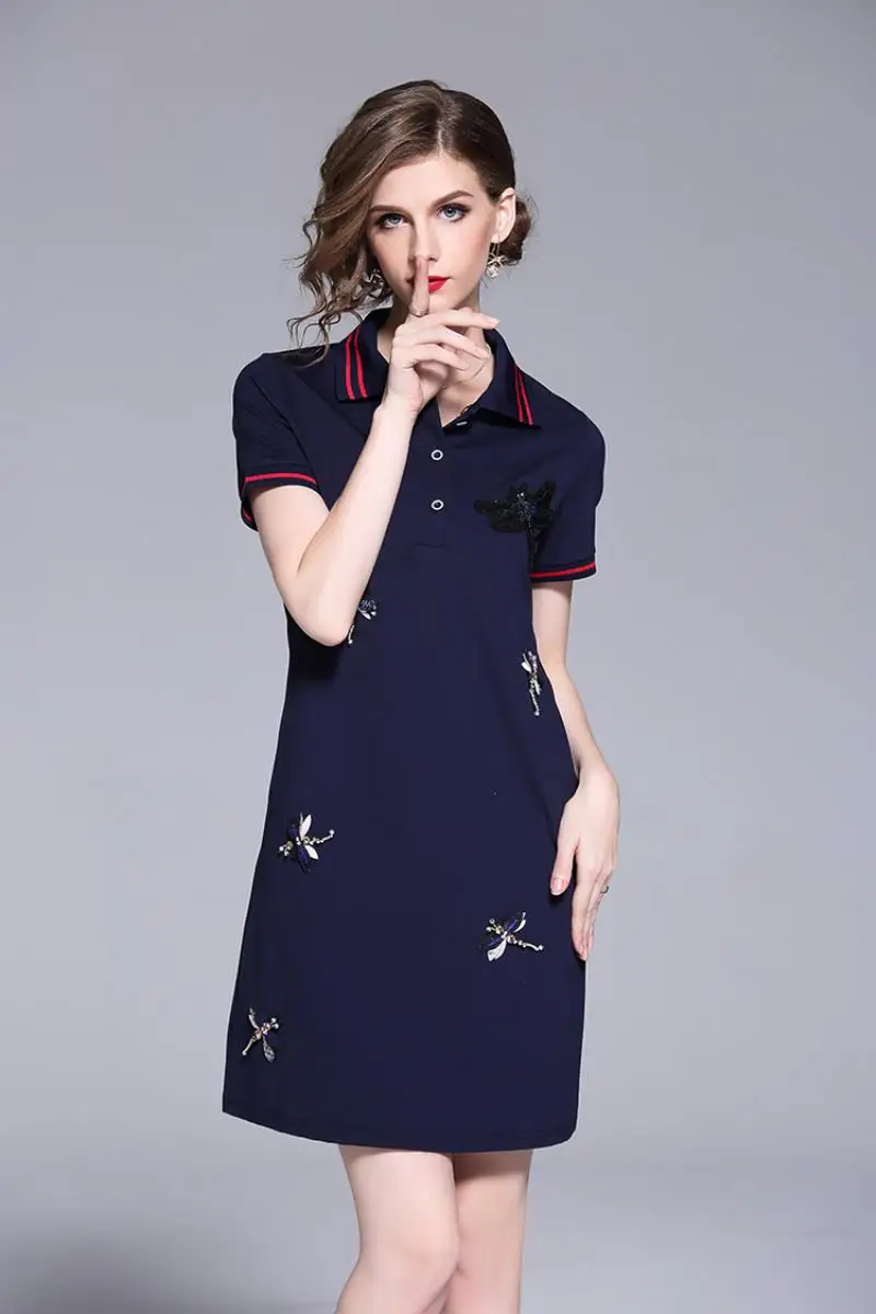 New Arrival 2018 Brand Clothing Summer Short Sleeved T-shirt Dress Women Embroidery Beading Casual White POLO Shirt Dress S-XXL