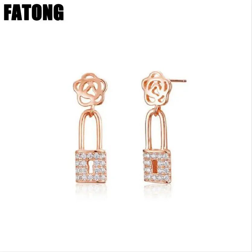 

925 sterling silver rose gold white gold flower lock earrings female Korean fashion boutique jewelry J0370
