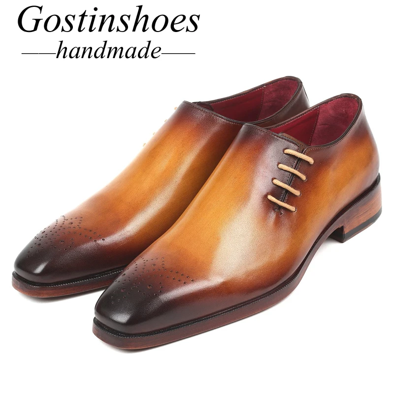 

GOSTINSHOES HANDMADE Goodyear Welted Side Lace Pointed Toe Oxford Shoes For Men Whole Cut Brown Leather Shoes Men SCZ042