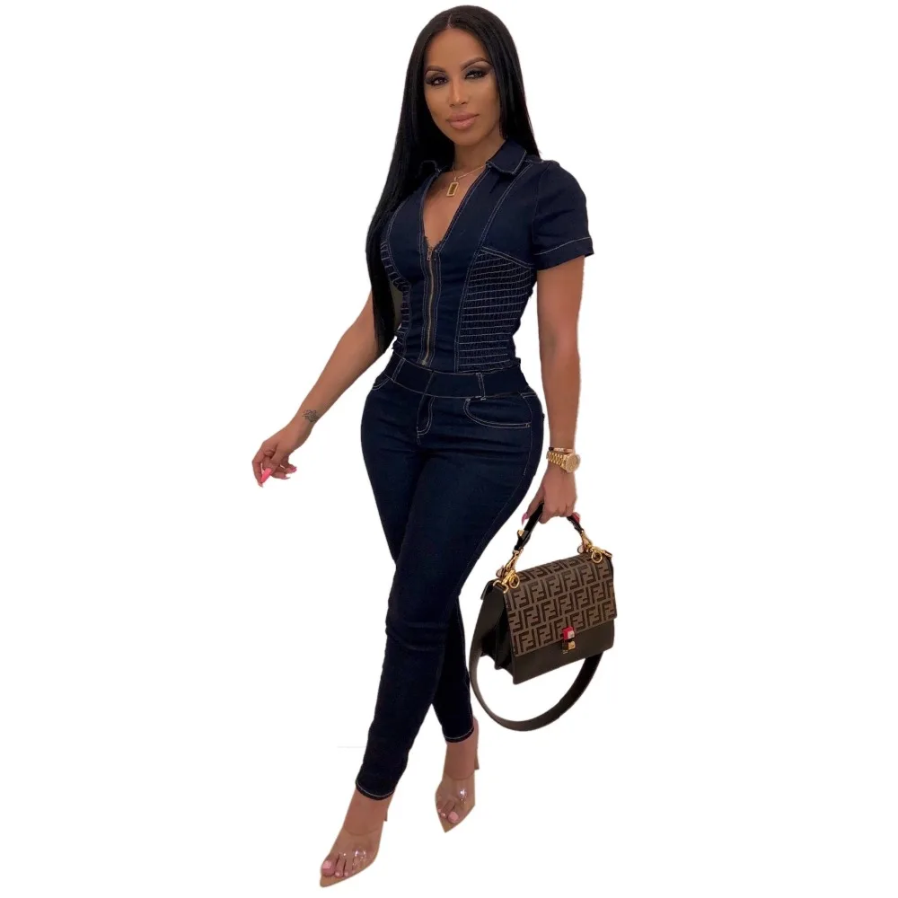2019 для женщин Сексуальная bodycon джинсовые летние комбинезон с v образным вырезом