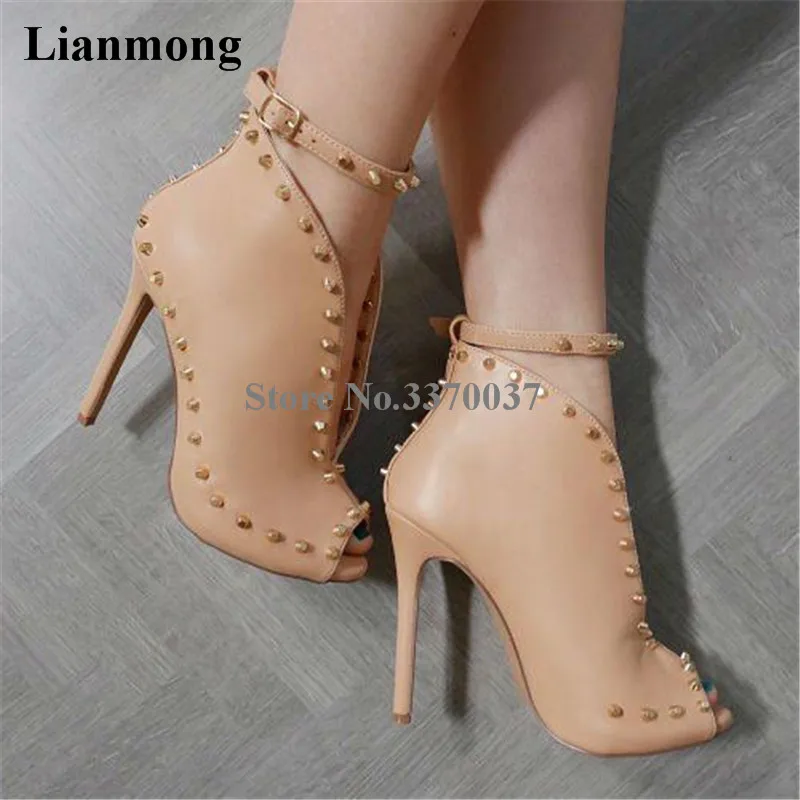 

2018 New Design Women Fashion Open Toe Nude Leather Rivet Ankle Boots Cut-out Ankle Strap High Heel Spike Boots Dress Shoes