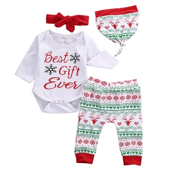 

4Pcs Christams Infant Baby Boy Girl Clothes Fashion Christmas Snowflake Romper +Print Pants+ Hat+Headband Xmas Baby Clothing Set