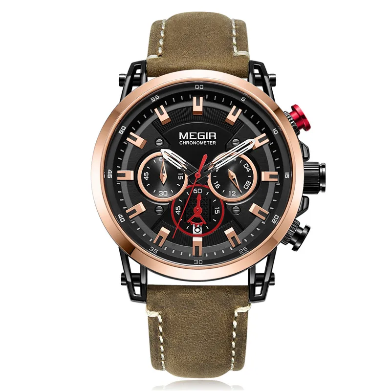 MEGIR, мужские часы, Топ бренд, роскошные, золотые, с хронографом, наручные часы, с датой, военные, спортивные, с кожаным ремешком, мужские часы, Relogio Masculino 2085 - Цвет: brown gold