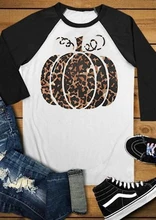 Women Halloween Leopard Pumpkin Print Top White Stitching Female Raglan Long Sleeve Casual T-Shirt Graphic Tee Plus Size New plus crisscross neck raglan sleeve leopard tee