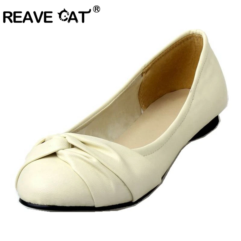 REAVE CAT/Большие размеры 31–43 летние закрытые женские туфли с круглым носом, обувь без шнуровки, одноцветные, с узелком Повседневное Милая женская обувь на плоской подошве черного, желтого цвета синего и бежевого цветов ZL051