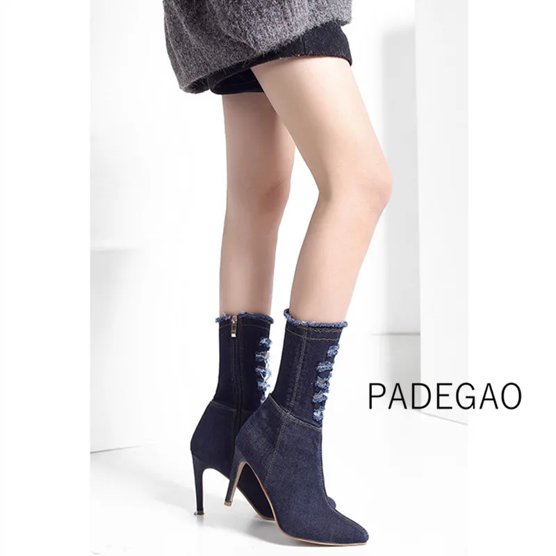Denim Fashion Mid-Calf Basic Women Shoes Pointed Toe Super High Zip Thin Heels Boots