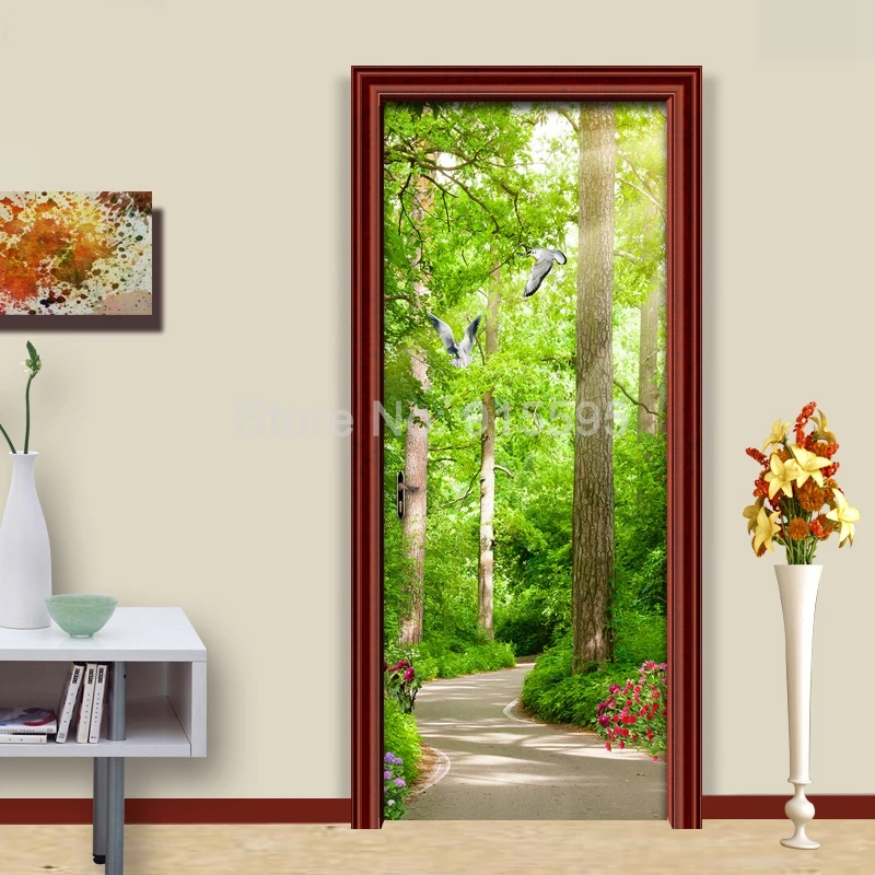 Лес лес Солнечный свет маленькая дорога креативный DIY стикер двери ПВХ самоклеющиеся виниловые обои для гостиной спальни двери Фреска