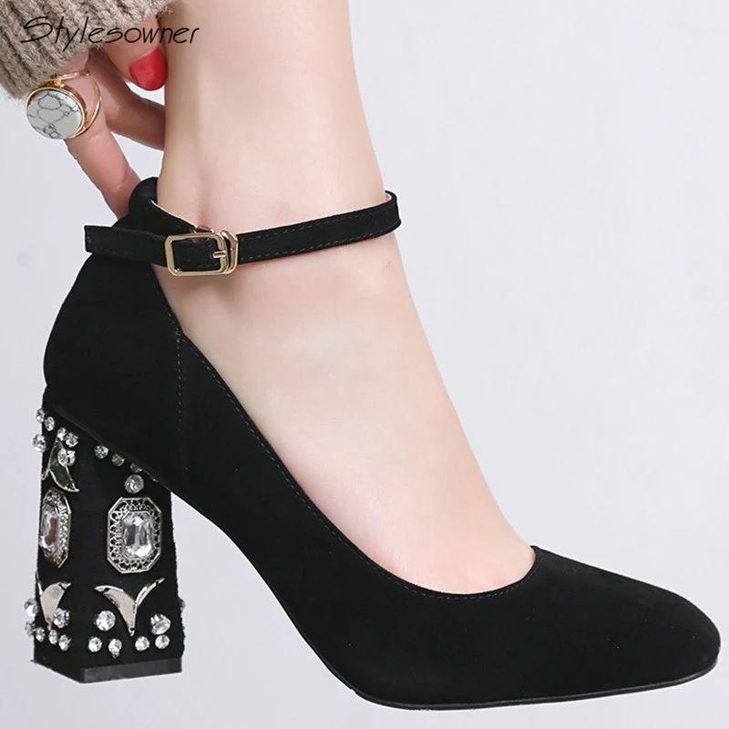 

Stylesowner 2018 New Chic Ankle Strap Buckle Suede Leather Pumps Bling Crystal Square High Heels Mary Janes Shoes Charming Shoes