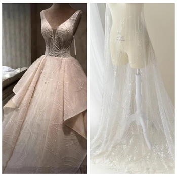 

Luxury net tulle mesh lace with beads and sequins shiny lace for wedding dress! Top quality off white beading lace fabric 2019!