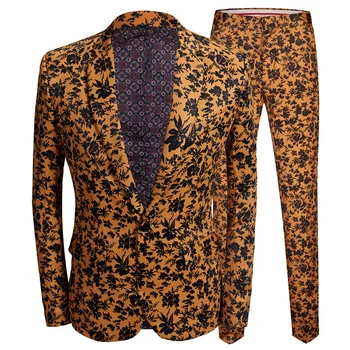 

PYJTRL Tide Men Plus Size 2 Pieces Set Orange Black Floral Print Slim Fit Wedding Suits For Mens Stage Singer Suit Smoking