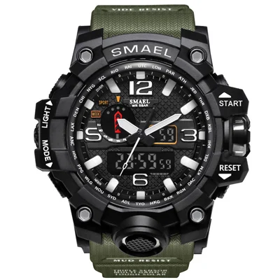 SMAEL Элитный бренд военные спортивные часы Для мужчин s камуфляж PU ремни двойной Дисплей светодиодный часы Для мужчин модные Повседневное Dive 50 м плавание - Цвет: Army green