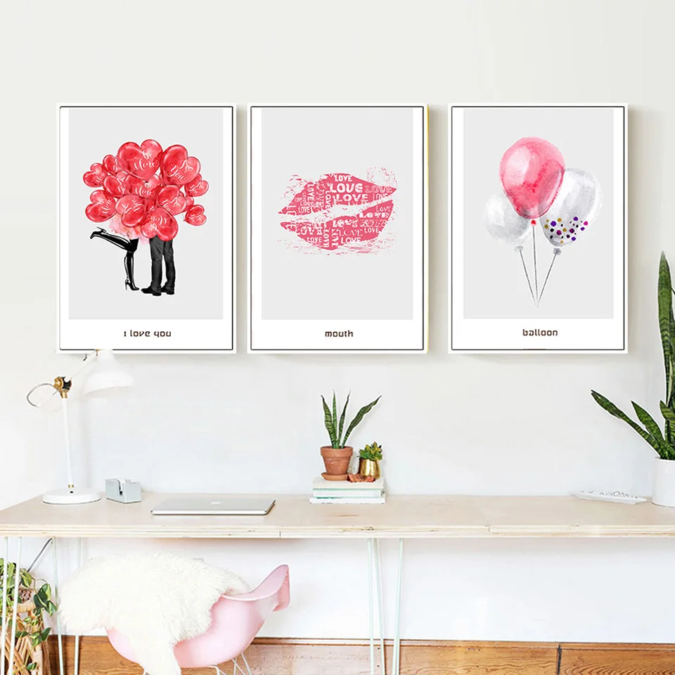 TAAWAA-Pink-Balloon-Poster-and-Print-Love-Lips-Wall-Art-Canvas-Painting-Decorative-Pictures-for-Living