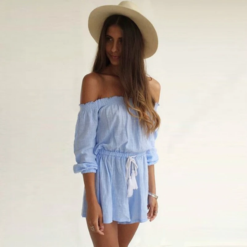 

Women Summer Rompers Ladies Jumpsuit Sexy Elastic Bra Loose Lace Piece Pants Cotton Blue Jumpsuit&Rompers