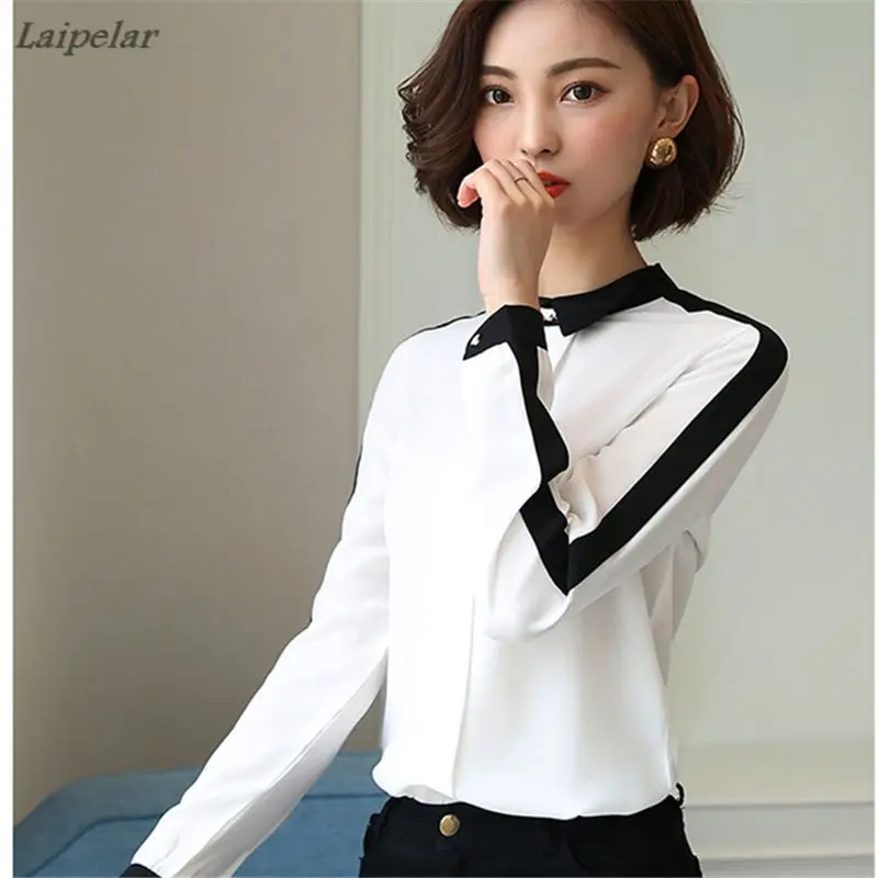 

2018 New Summer Blouses Women Chiffon Shirts Color Patchwork Female Office Shirt Ladies Long Sleeve Turn-down Collar Casual Tops