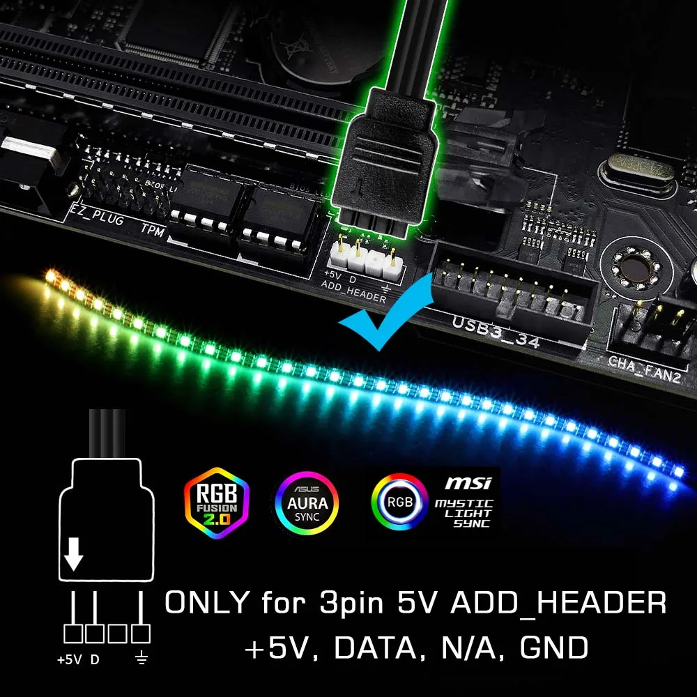 Адресуемая Светодиодная лента WS2812b для ПК, для ASUS Aura SYNC, MSI Mystic светильник SYNC, GIGABYTE RGB Fusion 5V 3 Pin Header материнская плата 3Pin - Испускаемый цвет: For 5V DATA NA GND