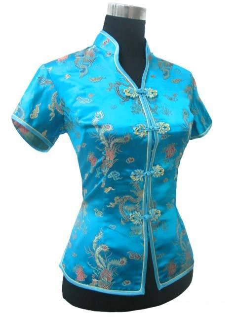 Promotion Blue Chinese Style Women Summer Blouse V-Neck Shirt Tops Silk Satin Tang Suit Top S M L XL XXL XXXL JY0044-4