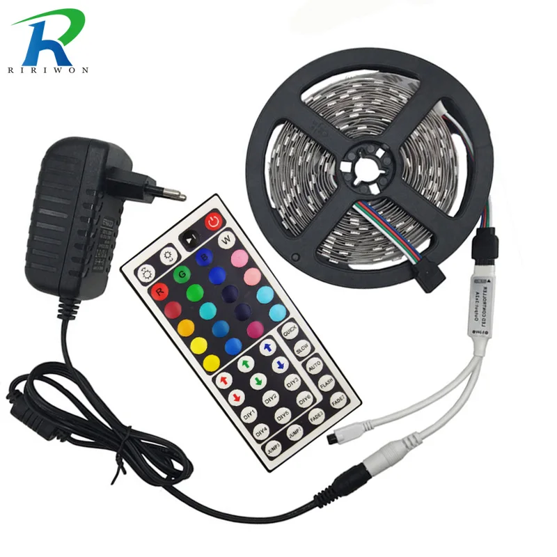 

5050 RGB LED Strip light 5M 10M DC 12V Non Waterproof Flexible LED Stripe Tape Diode Ribbon with IR Controller+12V Power EU kit