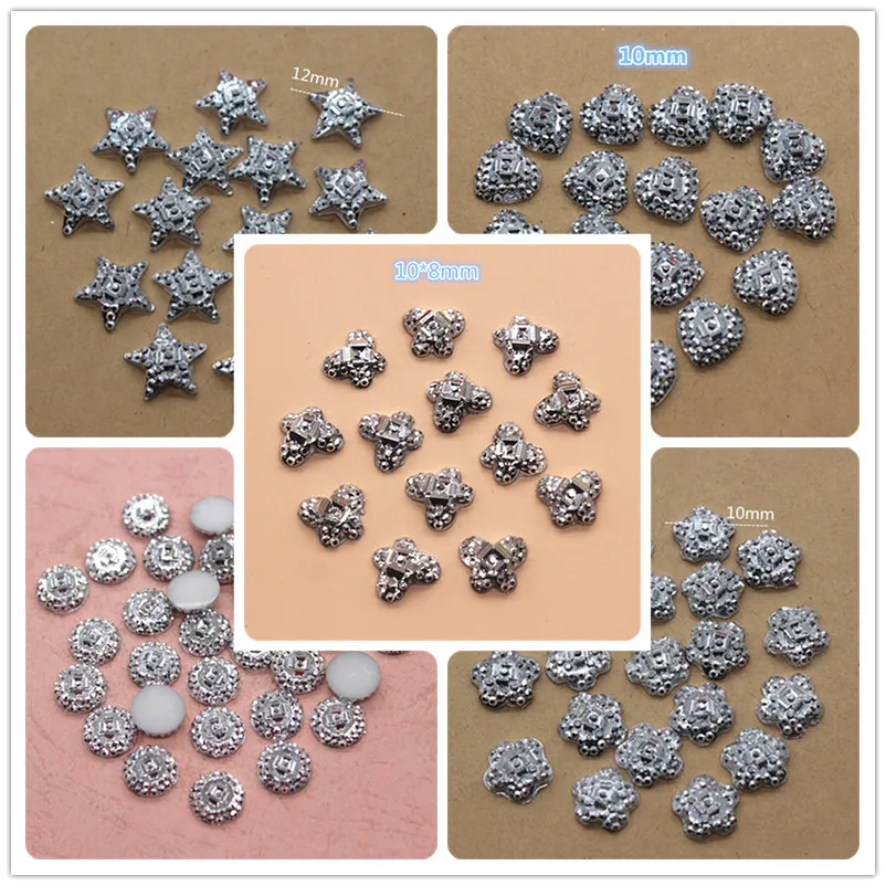 

100pcs Resin Silver Bling Rhinestone Flower/Heart/Star/Butterfly/Round Shape Flatback Cabochon DIY Craft Scrapbooking