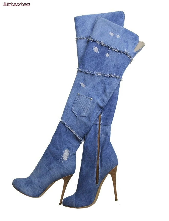 

blue denim cut outs long boots knee high great woman boots thin heel female shoes peep toe fashion shoes night club boots