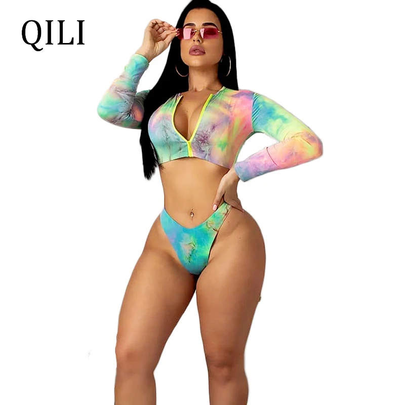 

QILI Women Beach Long Sleeve Bodysuits Jumpsuit Colorful Print Zipper Two Piece Set Casual Beach Bodysuit Plus Size