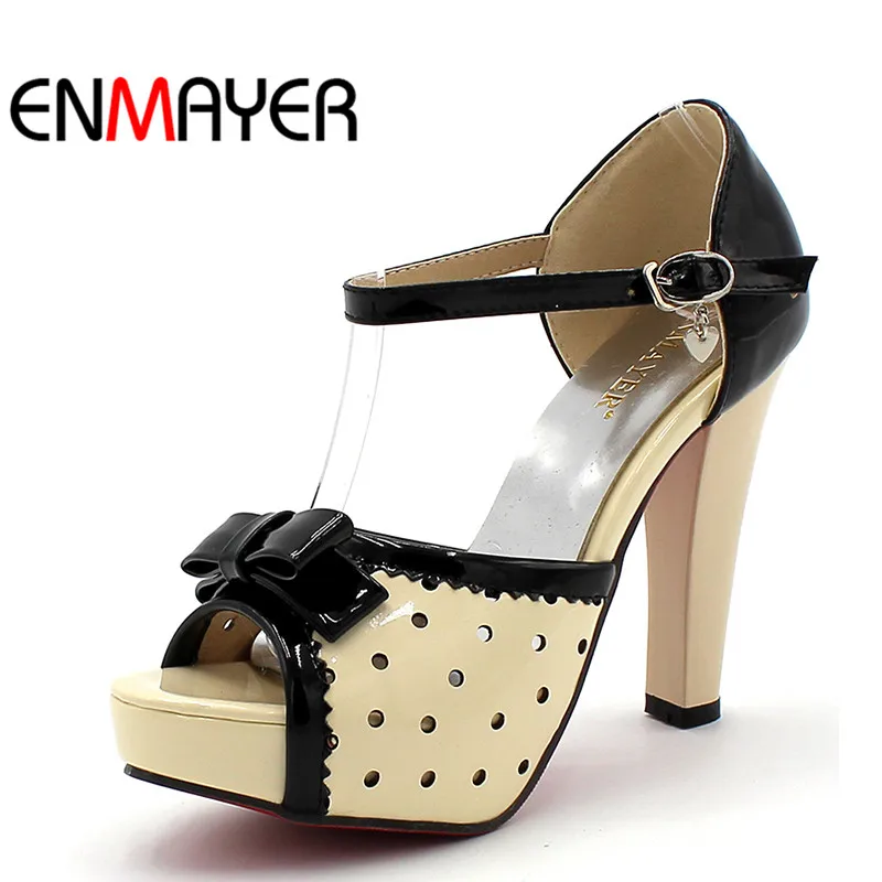 

Female Sandals BigSize34-43 2018 New Sweet Style Cute Bow Patent Leather Thick High Peep Toe Platform Sandals Women Summer Shoes
