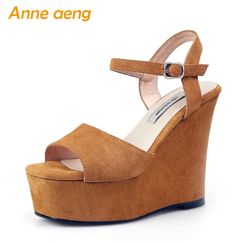 

summer women sandals Nubuck wedge heel shoes platform open toe buckle strap elegant ladies summer women shoes yellow size 33-42