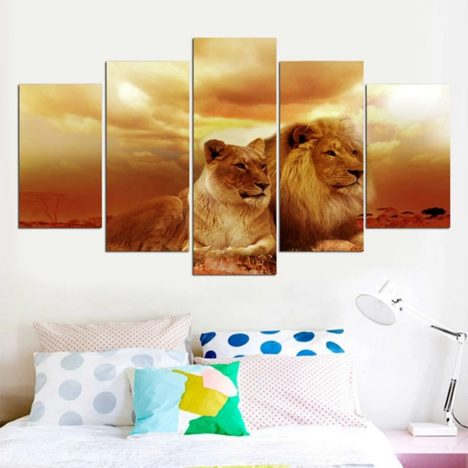 

Canvas Printed Modular Painting HD Wall Art Picture 5 Pieces Animal Lion Landscape Living Room Home Decor Poster Modern Painting