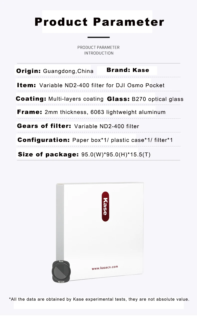 Kase переменный ND2-400 MC ND VND фильтр нейтральной плотности Магнитный дизайн Оптическое стекло для DJI OSMO карманная портативная камера