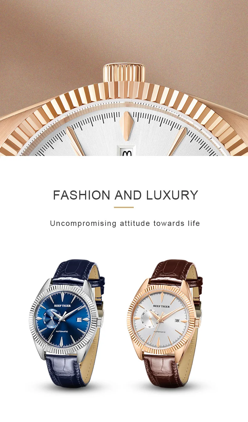 Reef Tiger/RT автоматические нарядные часы для мужчин, Топ бренд, роскошные часы, ремешок из натуральной кожи, синие часы, мужские часы RGA1616
