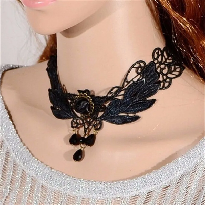 

Elastic Chokers Necklaces For Women Black Lace Hollow Flower Short Clavicle Collares Fashion Jewelry Gothic Bijoux Steampunk