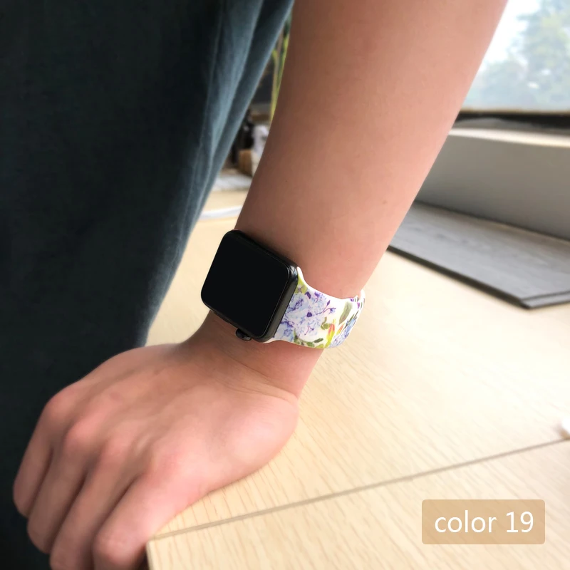 Цветочные женские ремешки для Apple watch Series 5 4 3 2 1 40 мм 44 мм силиконовый Печатный ремешок для iWatch Series 4 3 2 1 38 мм 42 мм - Цвет ремешка: Color 19