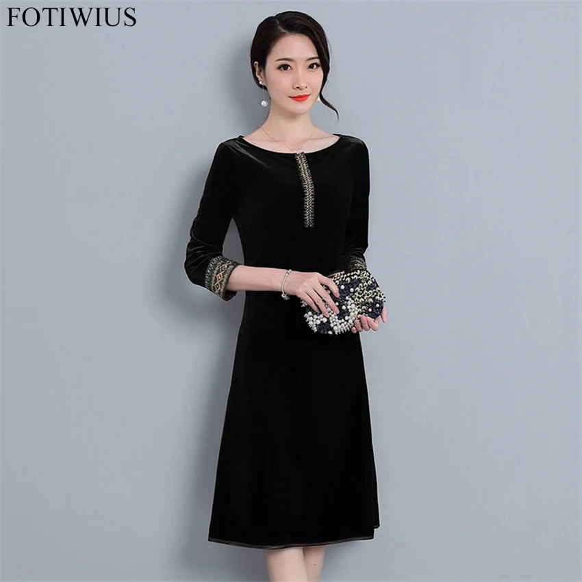 Осенне-зимнее бархатное платье для женщин; платья больших размеров; элегантное винтажное бархатное платье с вышивкой и блестками с рукавами; Robe Femme Ete - Цвет: black