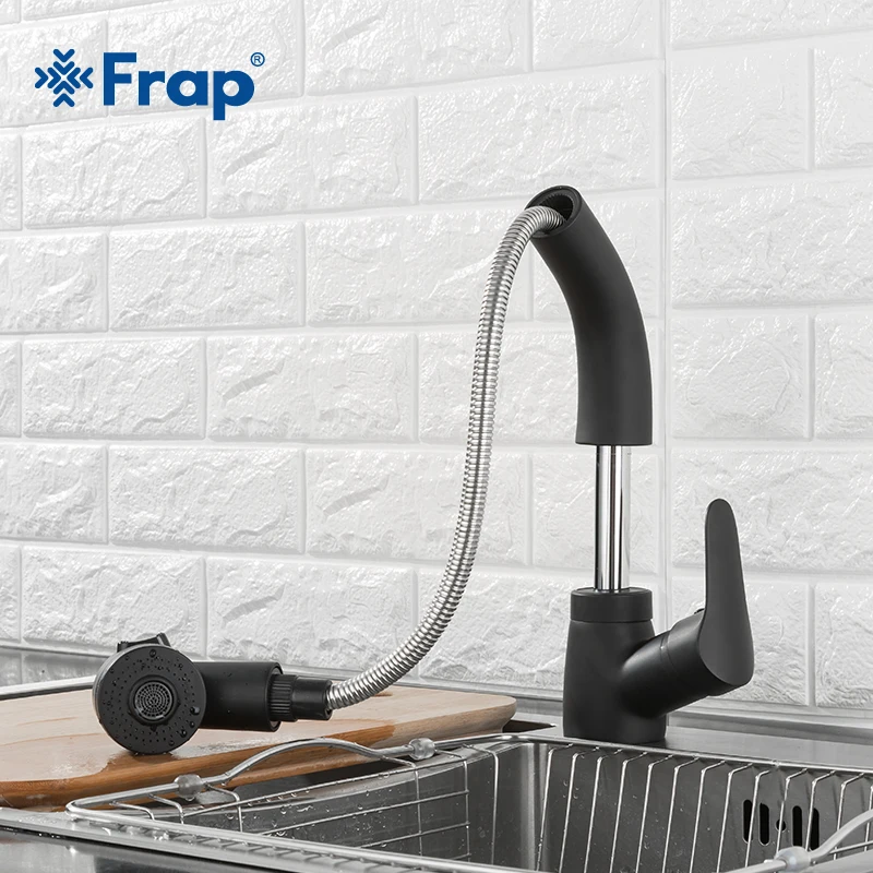  FRAP Matte Black Basin faucet Single Lever Pull Out Sprayer Swivel Spout Kitchen Faucet Sink Mixer  - 32895672856