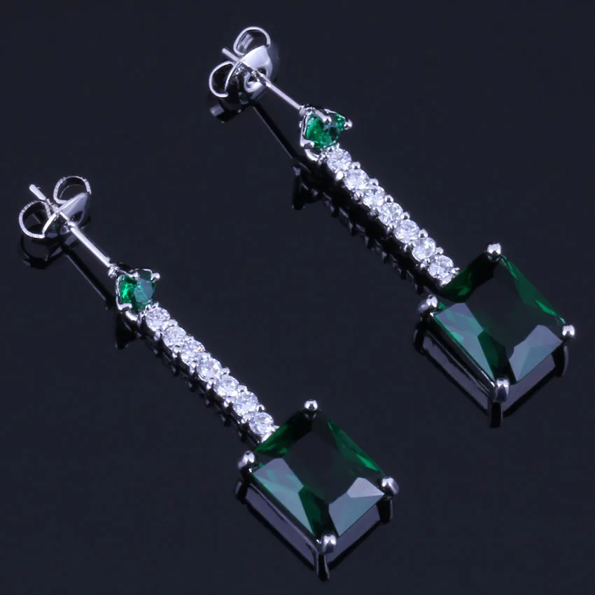 Sparkling Rectangle Green Cubic Zirconia White CZ Silver Plated Drop Dangle Earrings V0367 | Украшения и аксессуары
