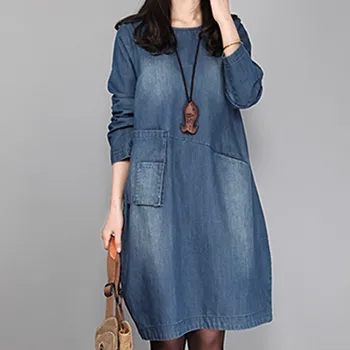 

Women Denim Summer Dress Knee Length Long Arm Oansatz Lose Dress With Bag Summer Clothes 2019 Vestidos De Verano Neue