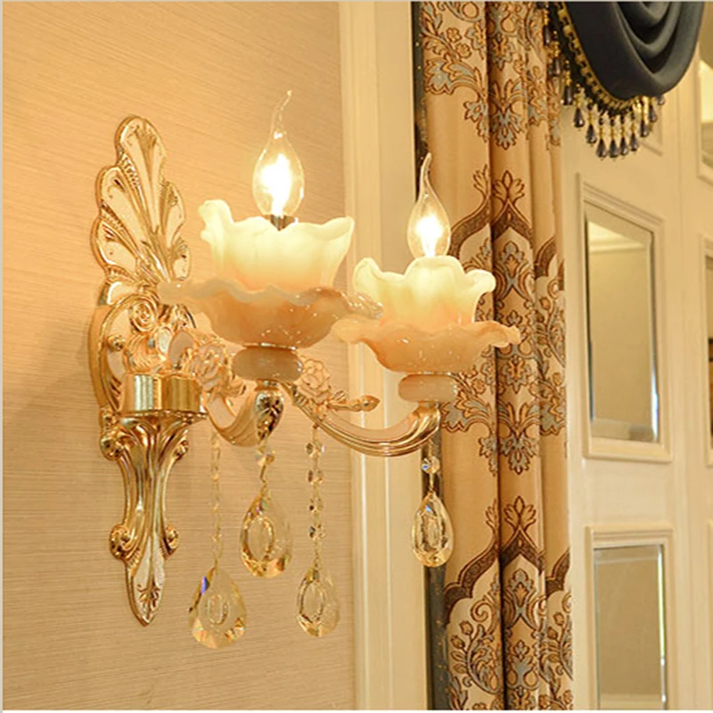 

Crystal Wall Light Imitation Jade Double Head Single Head Wall Lamp Living Room Background Sconce Bedroom Aisle Lamps