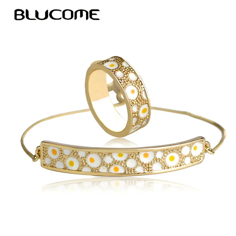 

Blucome Classic Gold Color Enamel Bangles Ring Set Women Lady Jewelry Sets Lady Girls Party Engagement Accessories Wide Rings