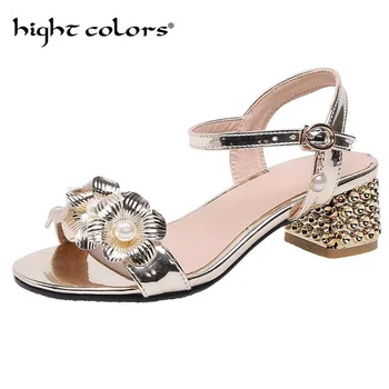 

2019 Summer Women Shoes Squre Heel Sandals Peep toe Ladies Shoes Brand High Heel Sandals Gold Heels 4.5cm Big Size 22cm~26.5cm
