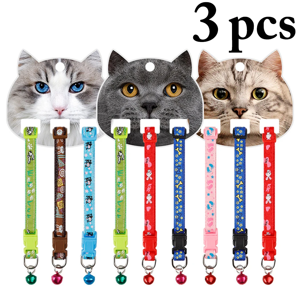 

3PCS Pet Collar Adjustable Fashion Colorful Cartoon Solid Color Printing Cat Dog Collar With Bell Pet Accessories Style Random
