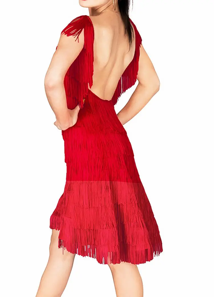 Новое платье для латинских танцев с открытой спиной без рукавов, платье для латинских танцев с кисточками, платье для выступлений для женщин, Черное и красное