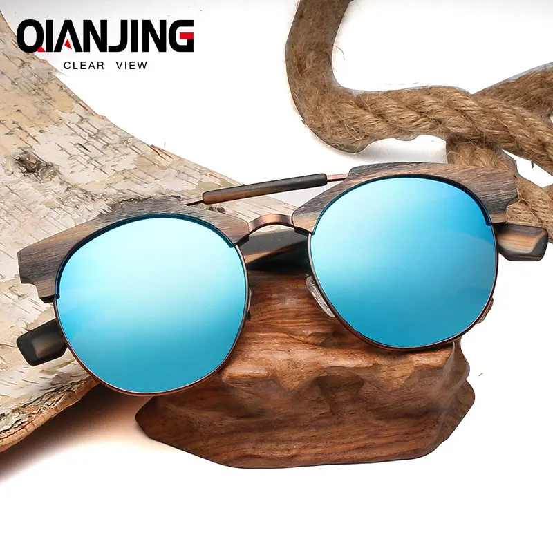 QianJing Retro Wood Sunglasses Men Bamboo Sunglass Women Brand Design Sport Goggles Gold Mirror Sun Glasses Shades lunette oculo