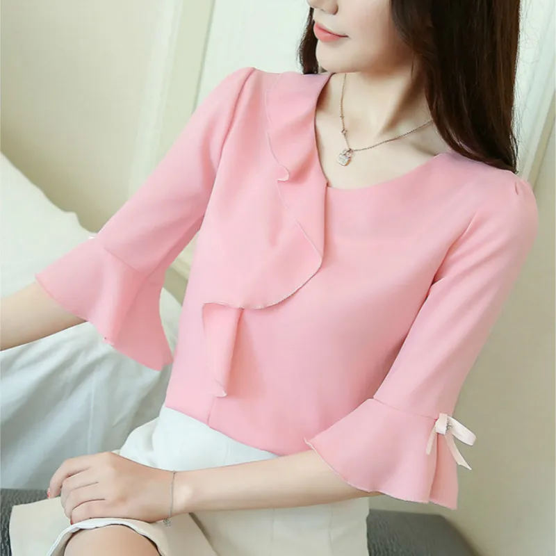 Chiffon Blusas Mujer 2018 Moda Women Blouses Summer Flare Sleeve Ruffle Shirts Femme Fashion Office Plus Size Tops Ladies S-3XL (7)