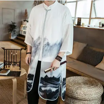 

Chinese style landscape painting print kimono three quarter sleeve men shirts casual streetwear homme open stitch shirts