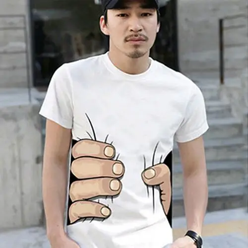 

2019 Hot Men Summer 3D Big Hand Print Round Neck Short Sleeve White T-shirt Gift