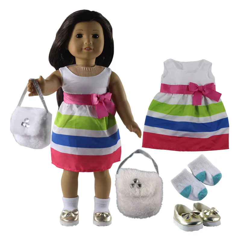 Hot 4in1 Set Doll Clothes Dress+Golden Shoes+Socks+White Bag for 18'' American Girl Doll